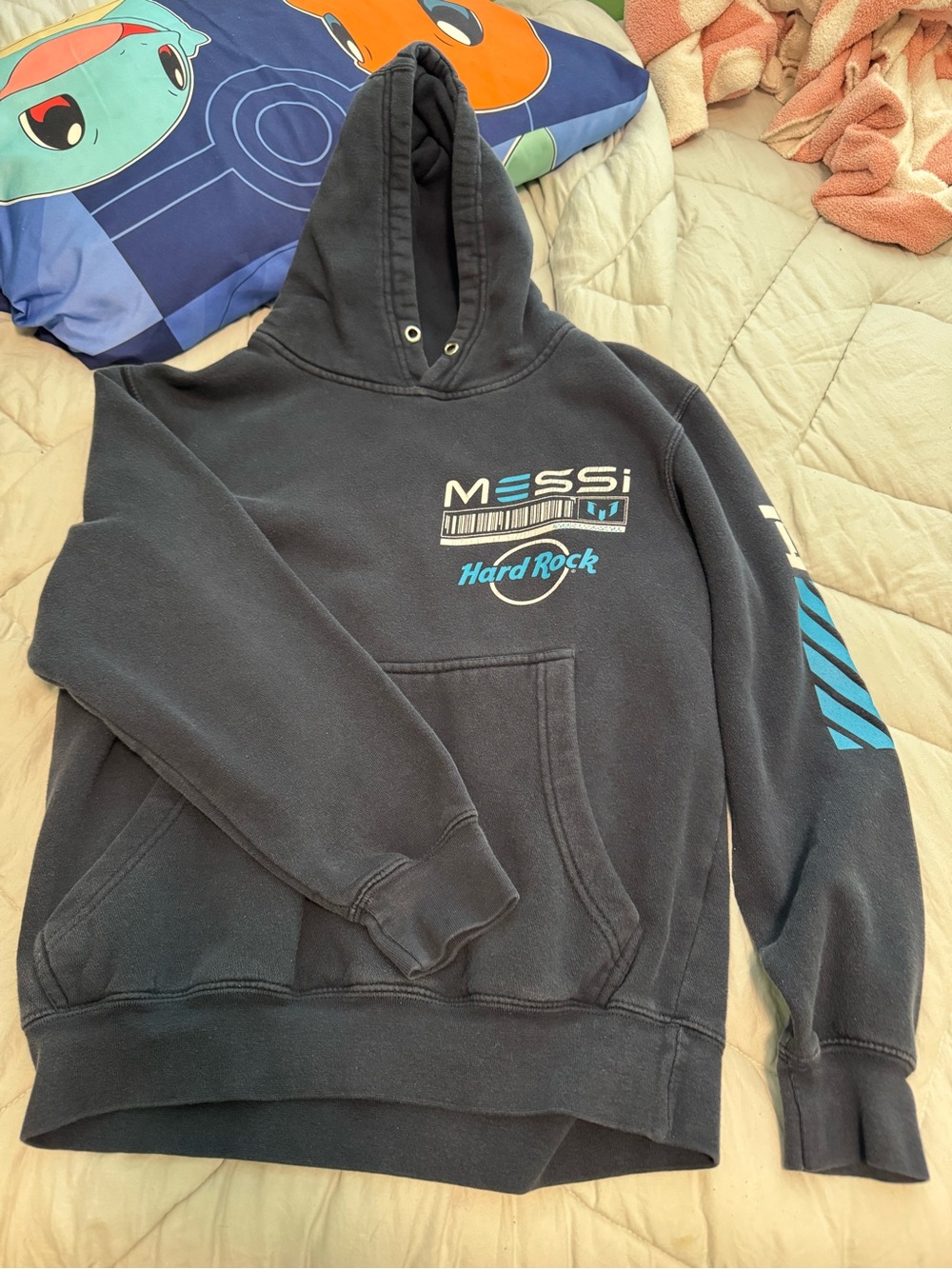 Hard Rock Cafe Black Hoodie with Blue Messi Graphics